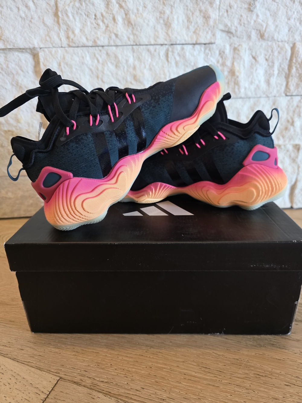 adidas Trae Young Kids Black Sneakers with Pink and Orange Gradient Sole Size 5